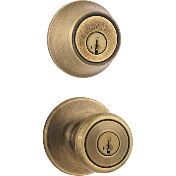 Tylo Antique Brass Entry Door Knob and Single Cylinder Deadbolt Combo Pack Featuring SmartKey Securi